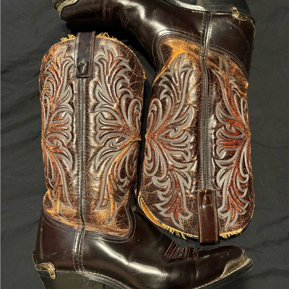 Embroidered Brown Leather Vintage Cowboy Boots Size 10 Mens